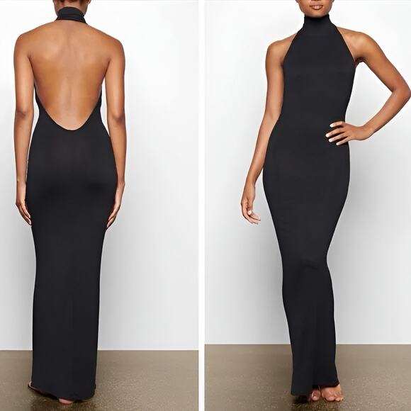 Skims Smooth Slinky Low Open Back Halter Modal Maxi Dress Black Onyx Size 4X NWT - Picture 11 of 11